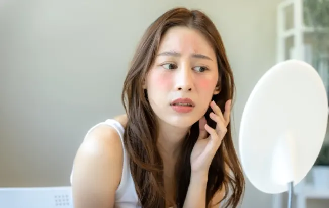 زنی با پوست حساس جلوی آیینه