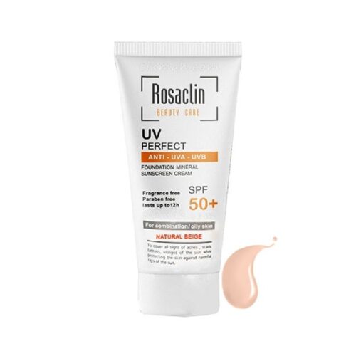 کرم ضد آفتاب spf 50 پوست چرب و مختلط رزاکلین Rosaclin رنگ بژ طبیعی حجم 40 میل